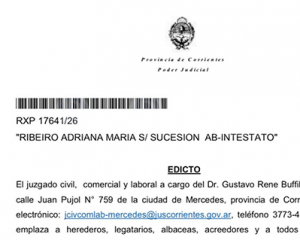 Edicto judicial: sucesión ab intestato de Adriana María Ribeiro